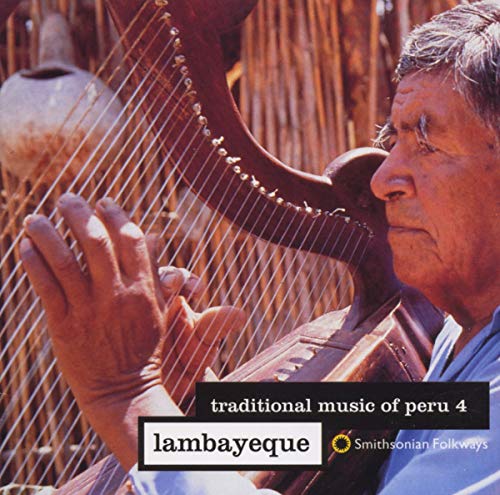 Man playing a harp, album cover for Peruvian traditional music.
