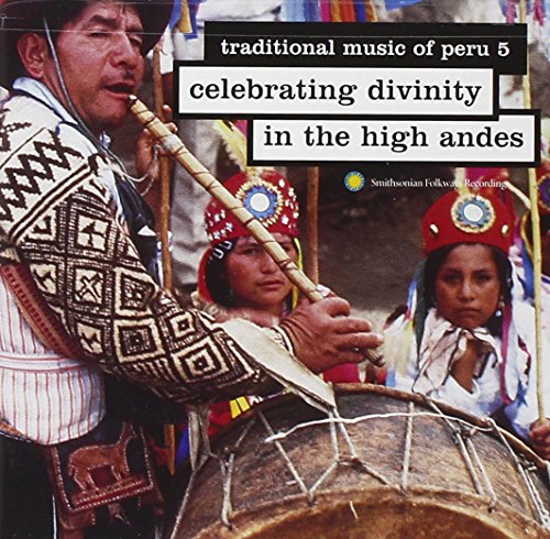 "CD cover featuring a man playing a flute with traditional Andean children."
