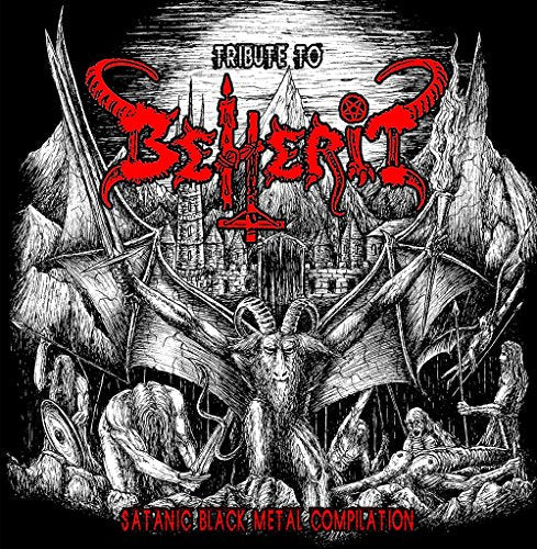 Black and white album cover for a Beherit tribute, featuring demonic imagery.