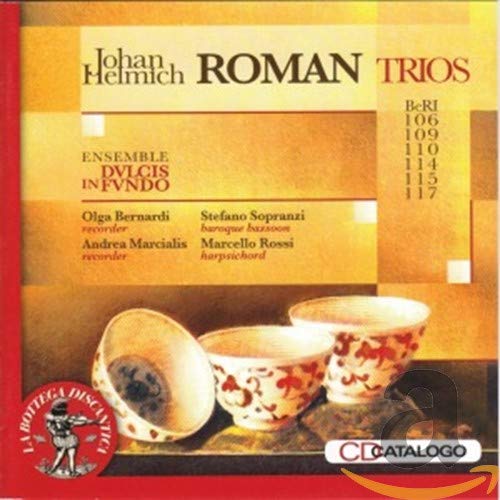 CD case for "Roman Trios" featuring ornate porcelain cups and musical text.