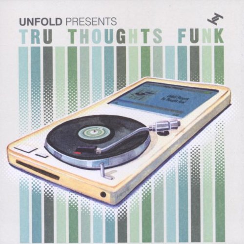 CD cover: illustrated portable record player with green striped background.
