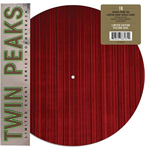 Red vinyl record with a gold label and a grey banner, displaying "Twin Peaks" text.