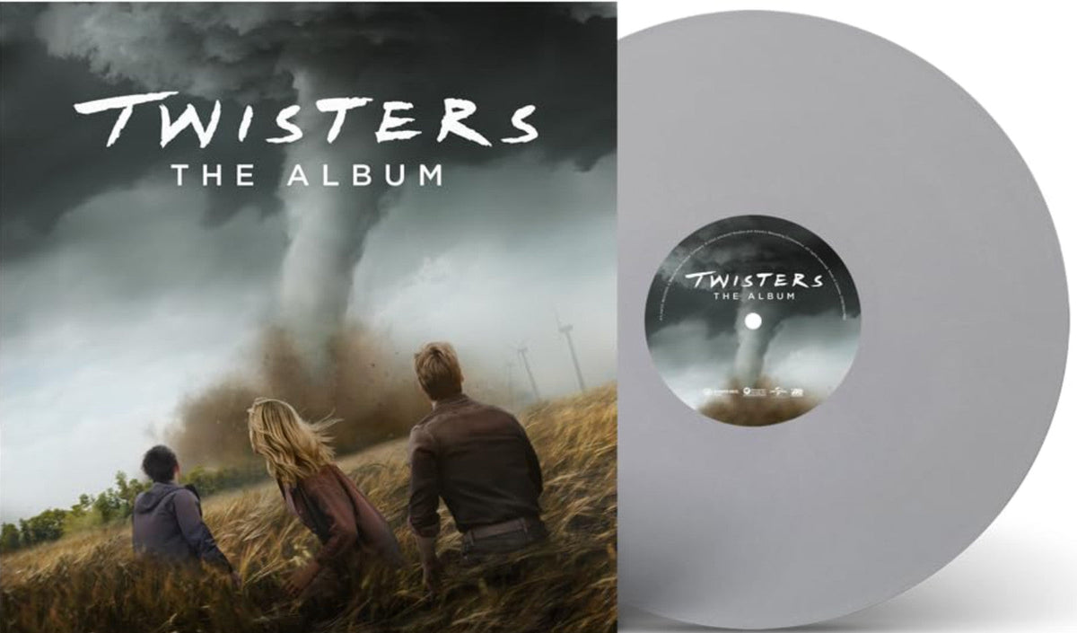 “Twisters” album cover and gray vinyl record with tornado imagery.