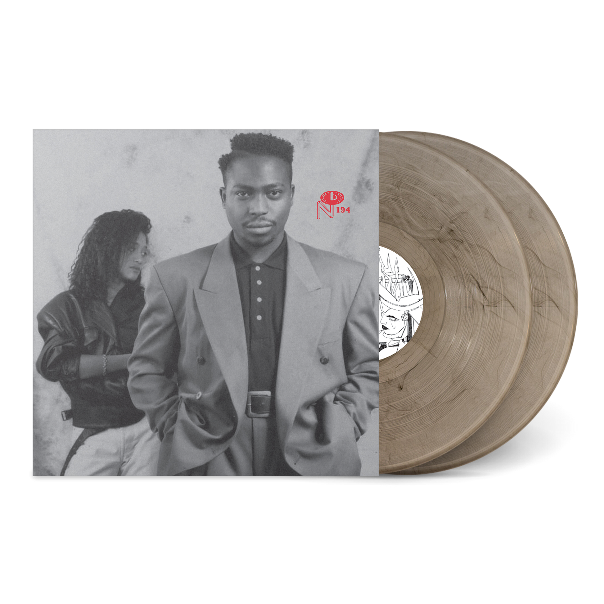 Vinyl record with cover art featuring a person and robotic imagery.
