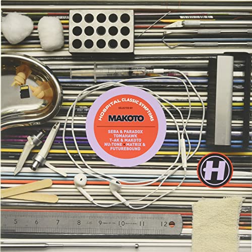 Vinyl record cover featuring medical tools, headphones, and a circular tracklist on striped background.