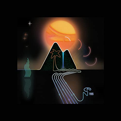 Stylized neon mountain landscape with a setting sun, palm tree, and flowing river lines.