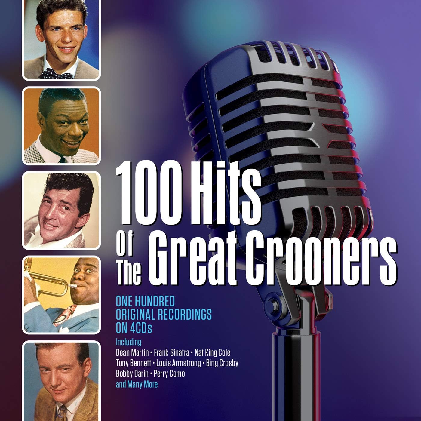 CD cover featuring a vintage microphone and portraits of five famous male singers.