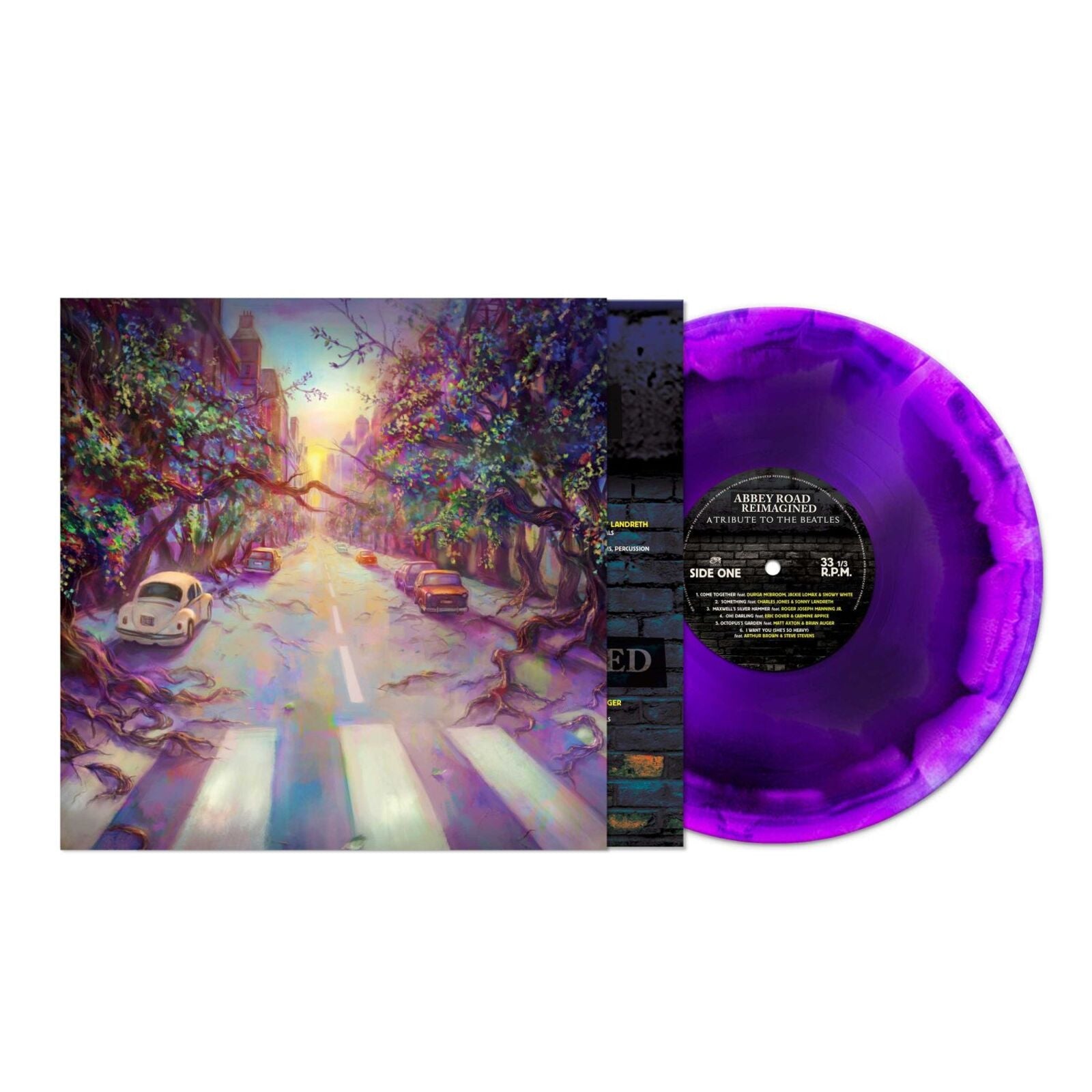 “Abbey Road Reimagined” vinyl record with purple and black swirl disc.