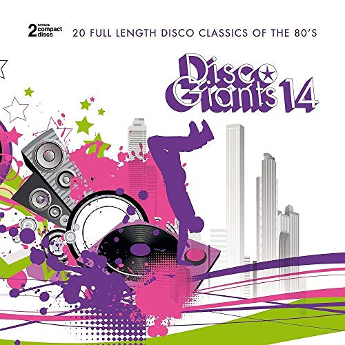 Disco Giants 14 CD cover featuring a purple silhouette performing a handstand against skyscrapers.