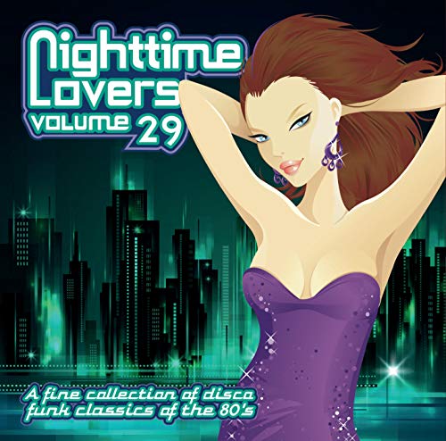 "CD cover art: cartoon woman in purple dress against a green city skyline."