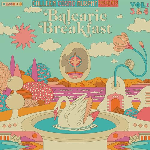 Album cover with a swan in a fountain, sun, and abstract shapes.