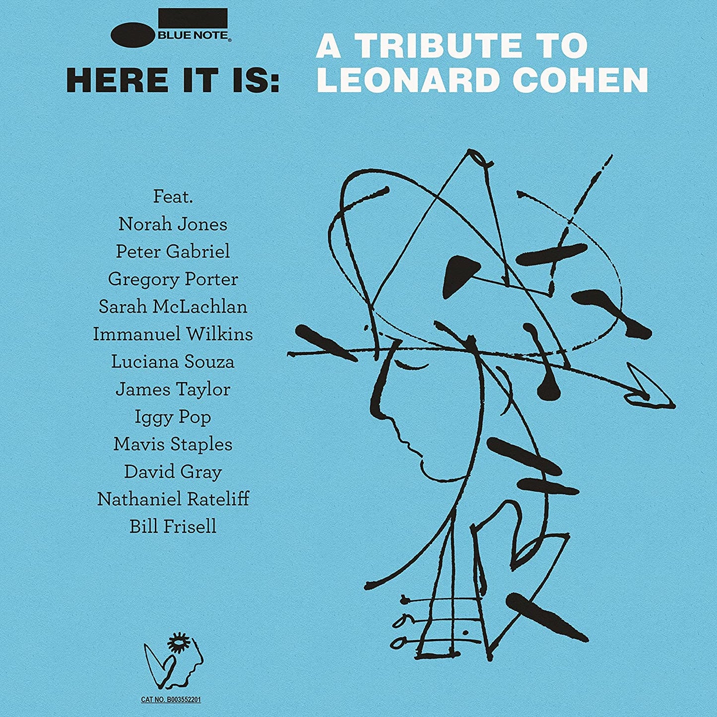 Blue album cover with line art of a face and a list of artists.