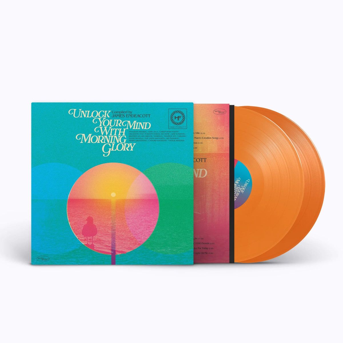 Vinyl record with orange translucent discs and colorful album cover.
