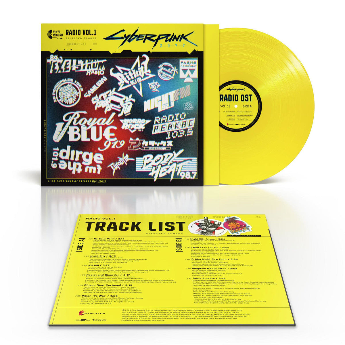 Cyberpunk 2077 Radio Vol.1 vinyl record cover with neon graphics and tracklist.