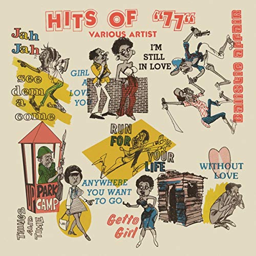 CD cover featuring cartoon illustrations of various people and song titles from 1977.