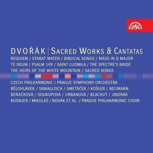 CD cover for Dvořák’s Sacred Works & Cantatas, blue background.