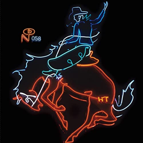 Neon sign of a cowboy riding a bucking bronco against a black background.