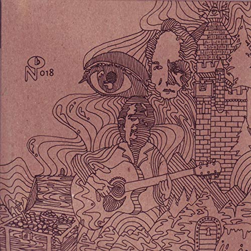 Line art illustration of a guitarist, an eye, and a tower on brown paper.