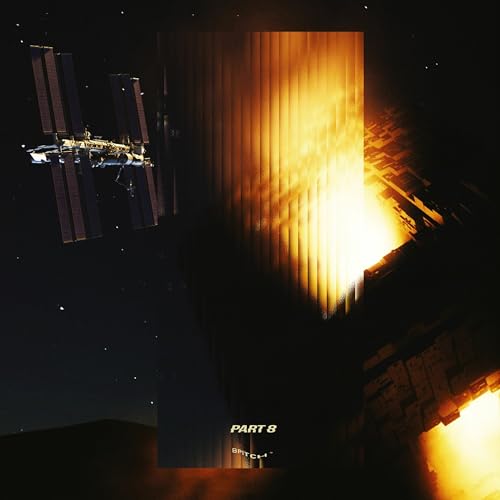 A space station floats in darkness near a bright, vertical golden light structure.