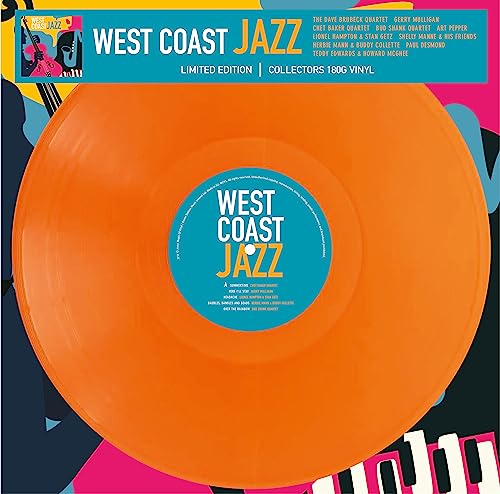Orange vinyl record with "West Coast Jazz" label and colorful album cover.