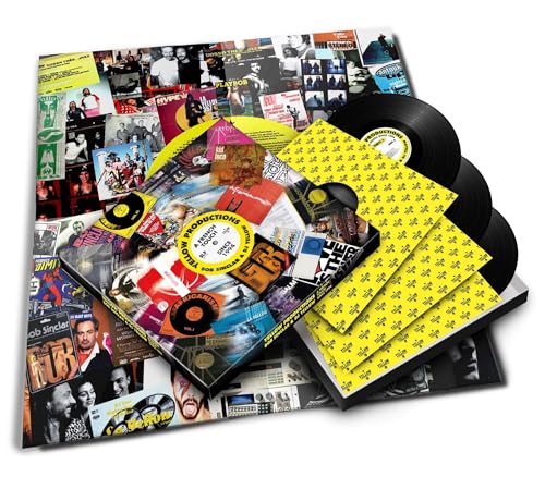 Vinyl box set with collage cover art, yellow patterned sleeves, and black vinyl records.