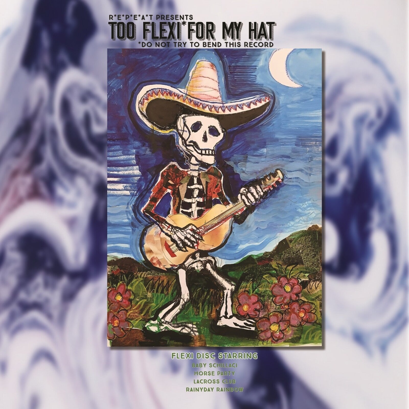 Painted skeleton playing guitar, wearing a sombrero, against a blue sky.