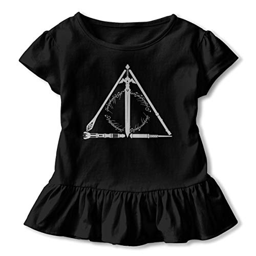 Black cotton dress with ruffled sleeves and a triangular graphic.