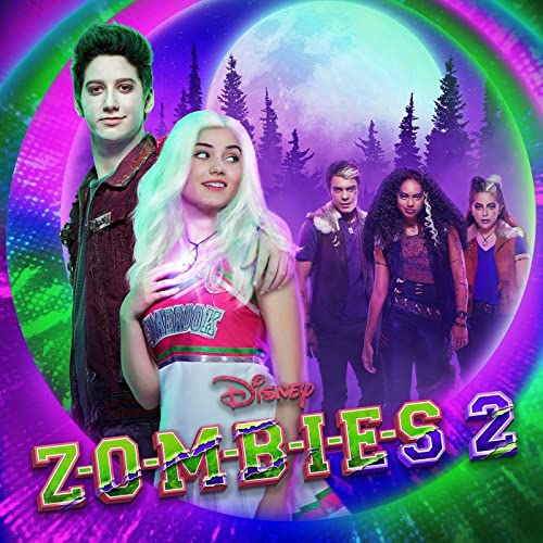 CD cover for "ZOMBIES 2" featuring young actors in a colorful, spooky scene.