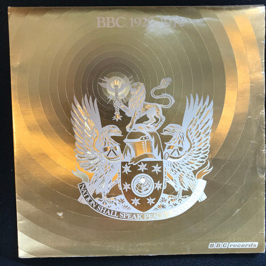 Gold BBC record sleeve with a silver crest and text.
