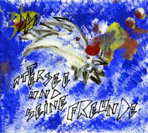 Abstract painting with blue background, white brushstrokes, yellow shapes, and black hand-lettered text.