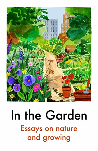 Watercolor illustration of a lush garden path with flowers, pots, and city buildings behind.