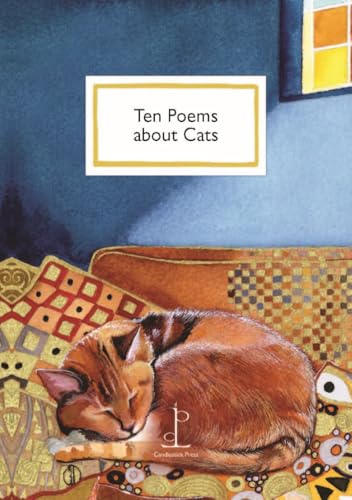 An orange cat sleeps on a patterned sofa below the title Ten Poems about Cats.