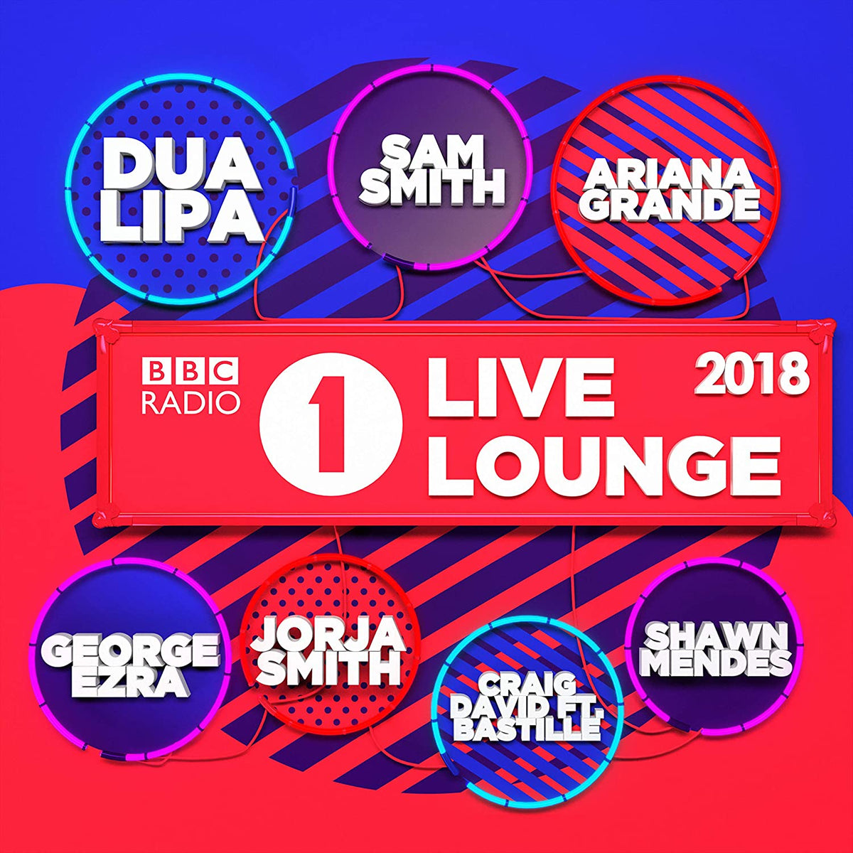 "Album cover for BBC Radio 1's Live Lounge 2018 featuring various artists' names."