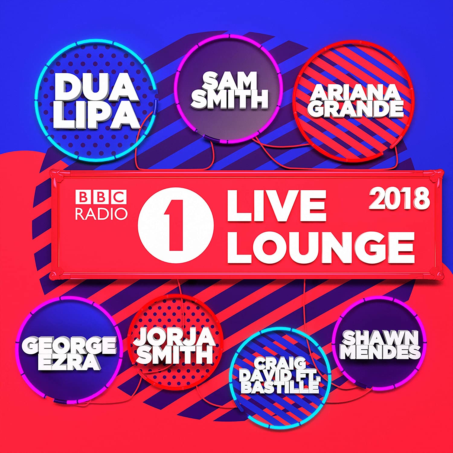 "Album cover for BBC Radio 1's Live Lounge 2018 featuring various artists' names."