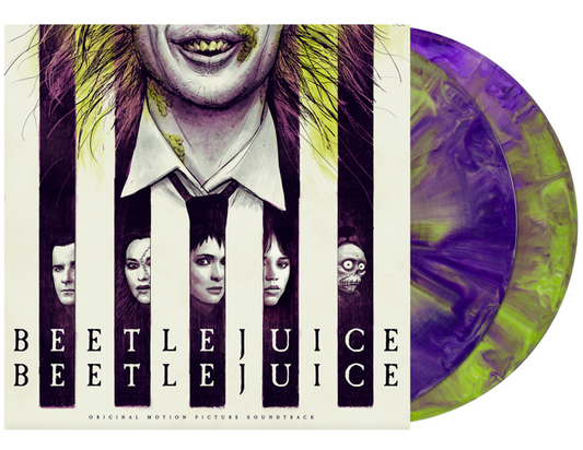 Beetlejuice soundtrack vinyl record with character portraits and purple swirl pattern.