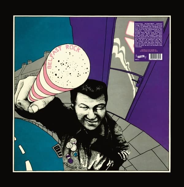 Record cover: man with Molotov cocktail, Belfast cityscape, purple background.