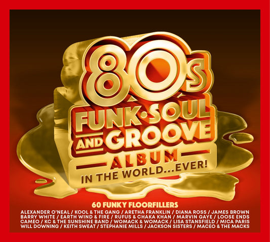 Gold 3D text reading 80s Funk Soul and Groove Album on a red background.