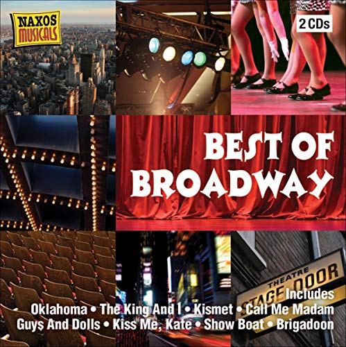 CD cover for "Best of Broadway" featuring theatre scenes and performers.