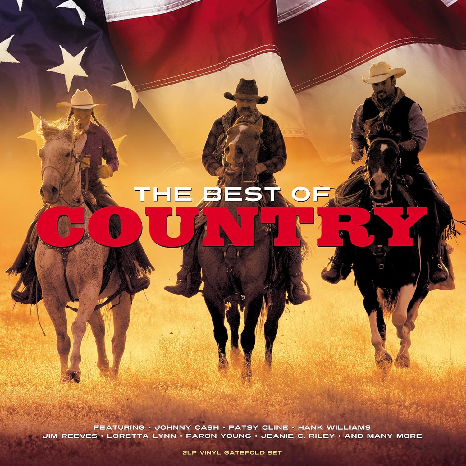 Three cowboys on horseback in front of an American flag with text overlay.
