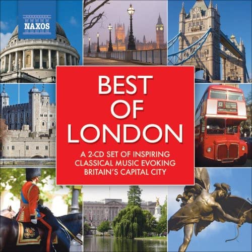 Collage of London landmarks, a red bus, a guard on horseback, and text overlay.