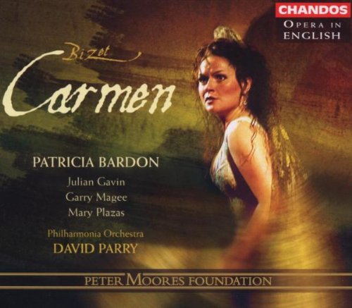 "CD cover for Bizet's 'Carmen' with abstract background and yellow, red, and white text."