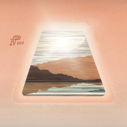 Vinyl record cover with abstract landscape and sunlit sky design.