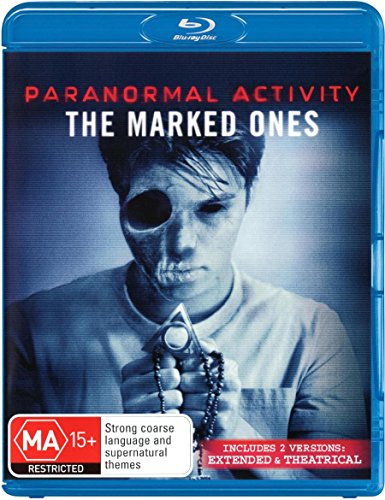 Paranormal Activity: The Marked Ones" Blu-ray cover with a distressed face.