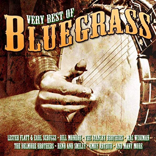 Sepia-toned image of a hand playing a banjo, with text overlay listing artists.