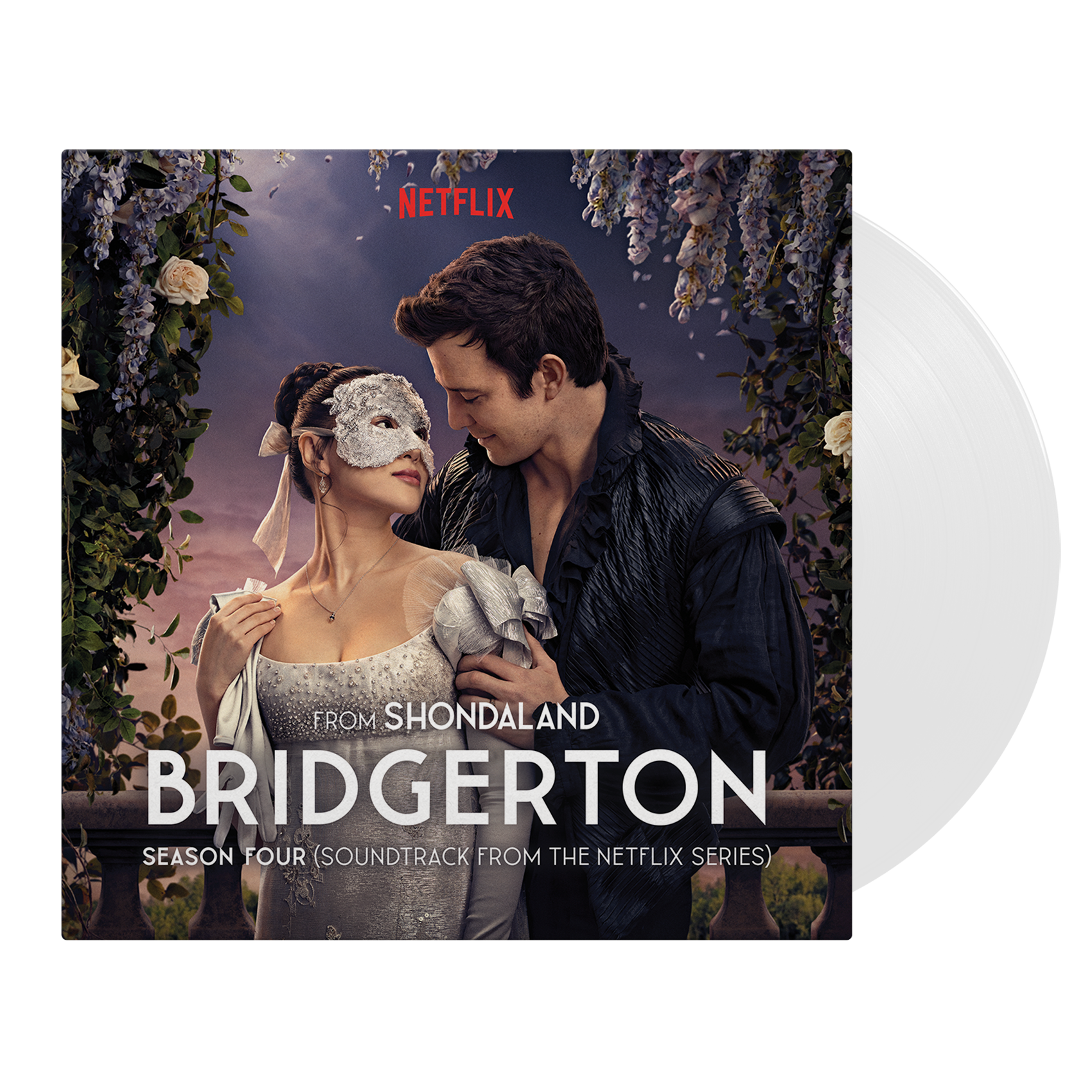 Bridgerton Season Four soundtrack vinyl record with couple in masks.