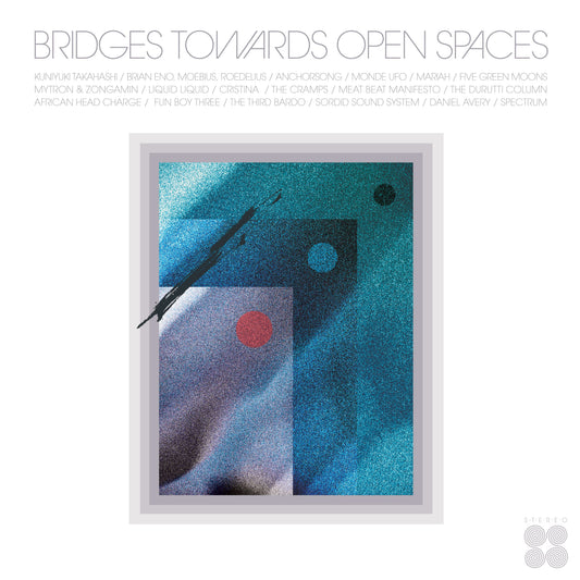 Vinyl record cover with abstract blue and black textured design and text.