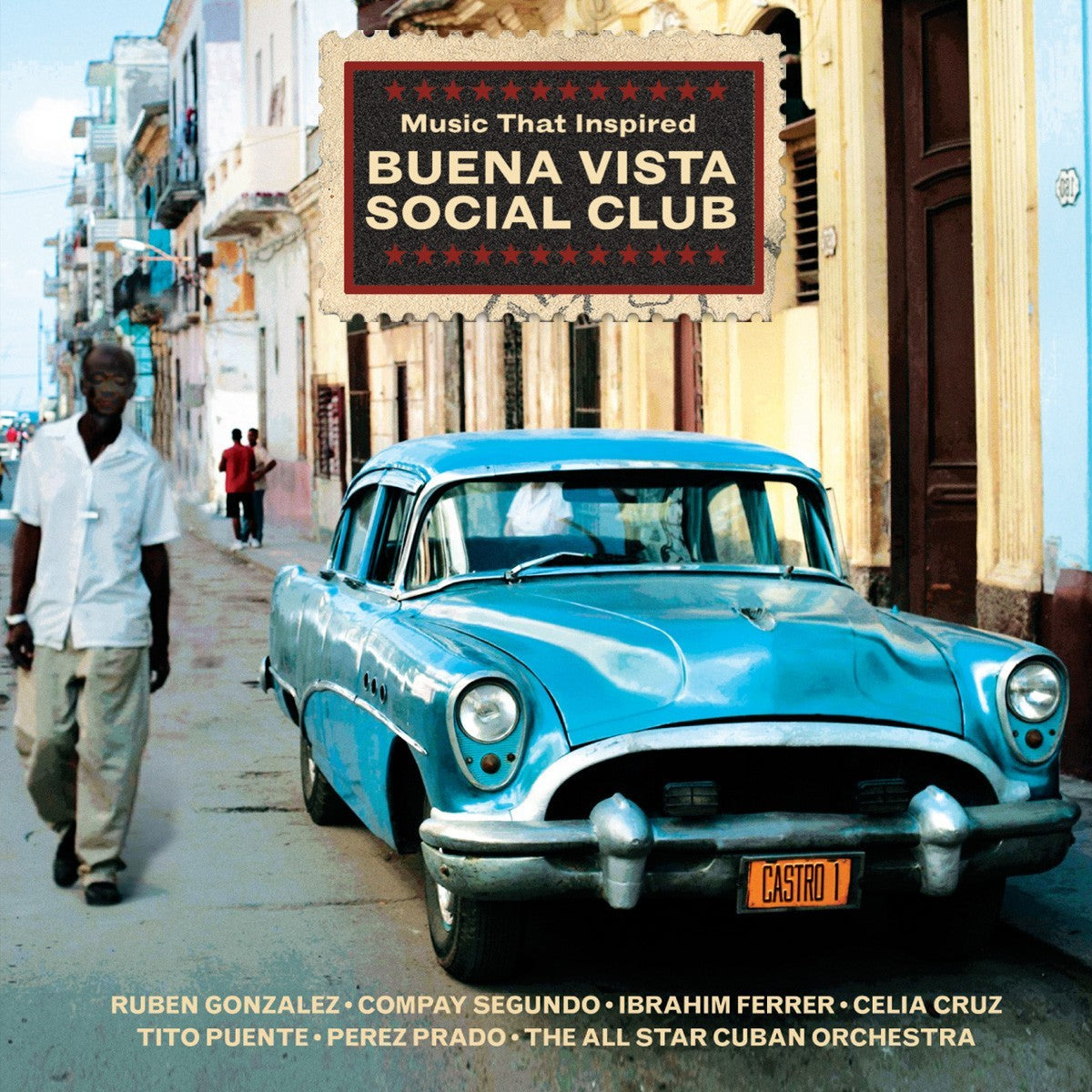 CD cover featuring a vintage blue car and a man walking in Havana, Cuba.