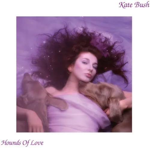 Kate Bush album cover: woman with dog, purple and white tones.