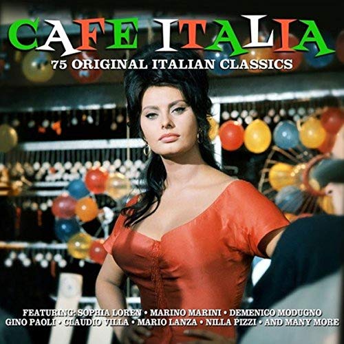 CD cover for “Cafe Italia” featuring Sophia Loren and colorful balloons.