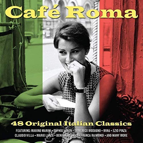 CD cover for “Cafe Roma” featuring a smiling woman and Italian flag colors.
